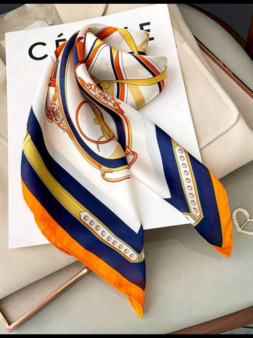 Classic Silk-Feel Orange & Navy Patterned Women's Scarf 27.5